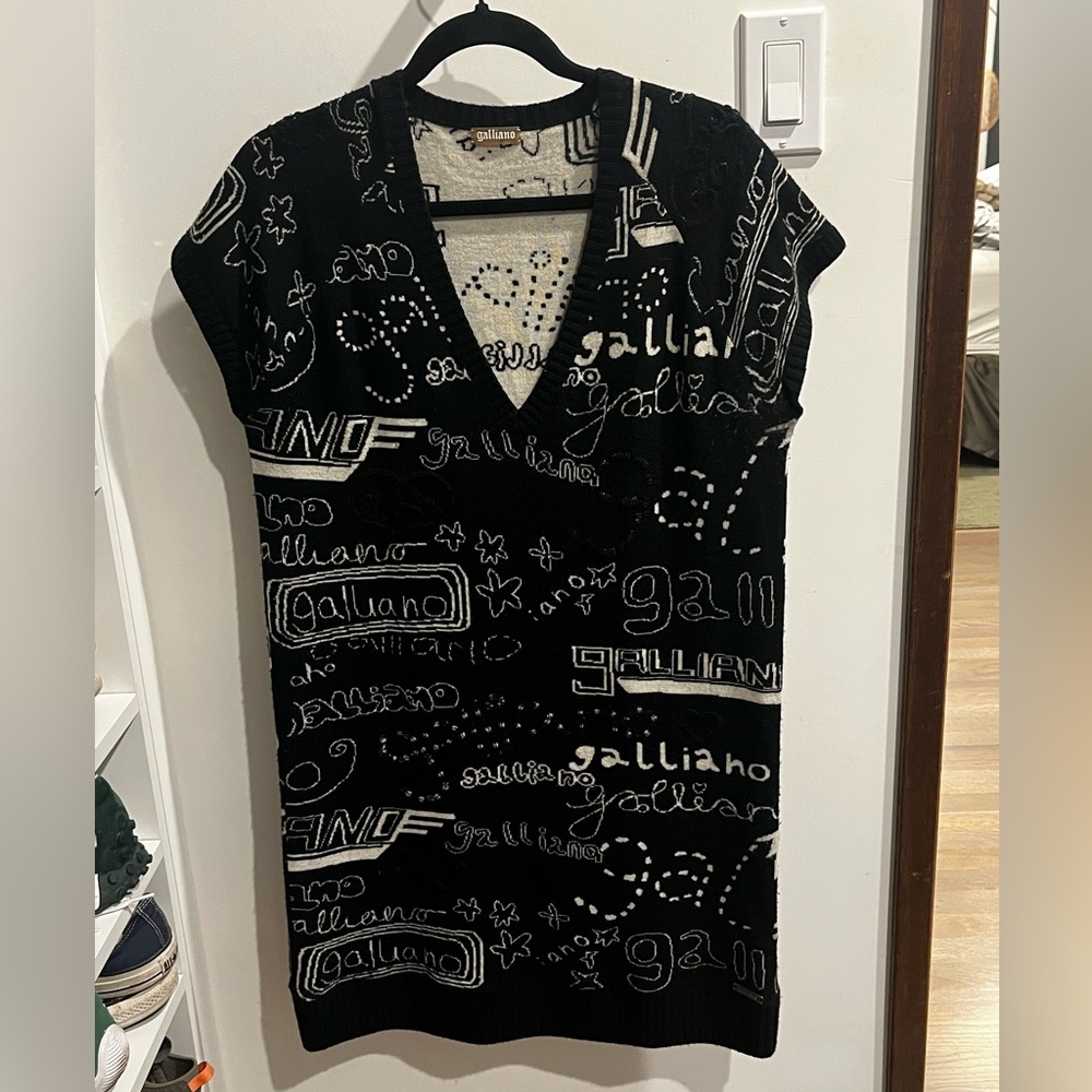 Galliano Black and White Graphic Mini Sweater Dress